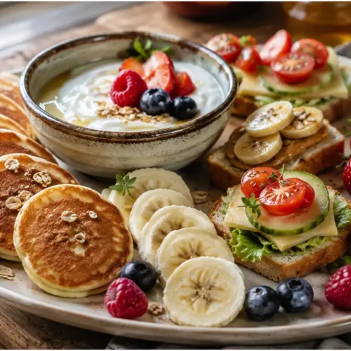 σνακ για παιδιά: πολύχρωμα υγιεινά pancakes με φρούτα, ιδανικά για πρωινό και μπραντς