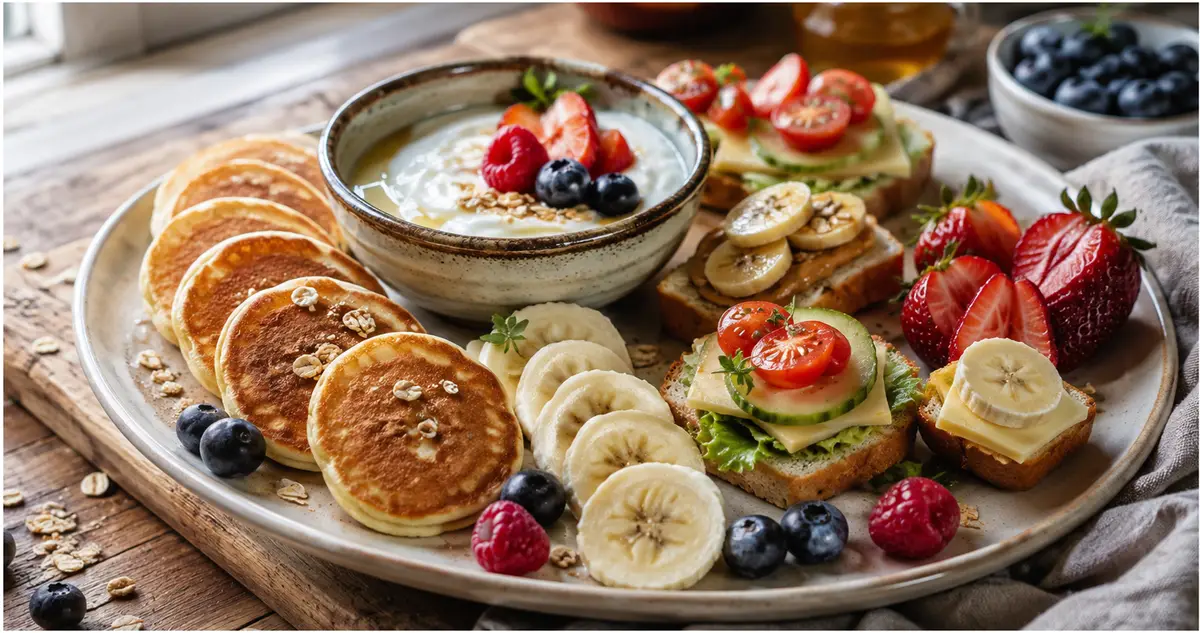 σνακ για παιδιά: πολύχρωμα υγιεινά pancakes με φρούτα, ιδανικά για πρωινό και μπραντς