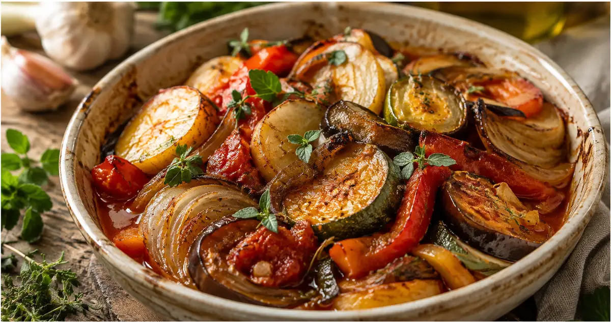 μπριάμ στον φούρνο, πολύχρωμα ψητά λαχανικά σε κεραμικό ταψί, ελληνική σπιτική συνταγή