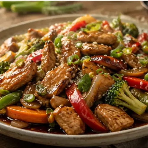 κοτόπουλο stir fry με πολύχρωμα λαχανικά και γυαλιστερή σάλτσα σόγιας σε μπολ