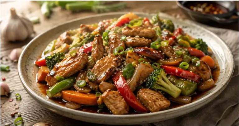 κοτόπουλο stir fry με πολύχρωμα λαχανικά και γυαλιστερή σάλτσα σόγιας σε μπολ