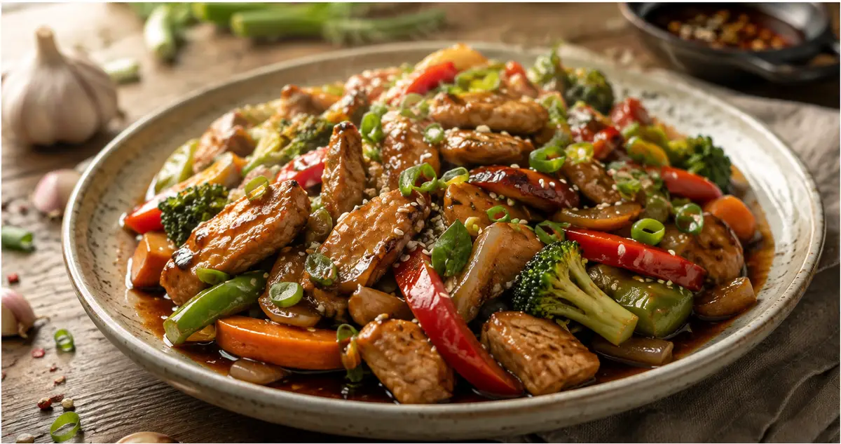 κοτόπουλο stir fry με πολύχρωμα λαχανικά και γυαλιστερή σάλτσα σόγιας σε μπολ