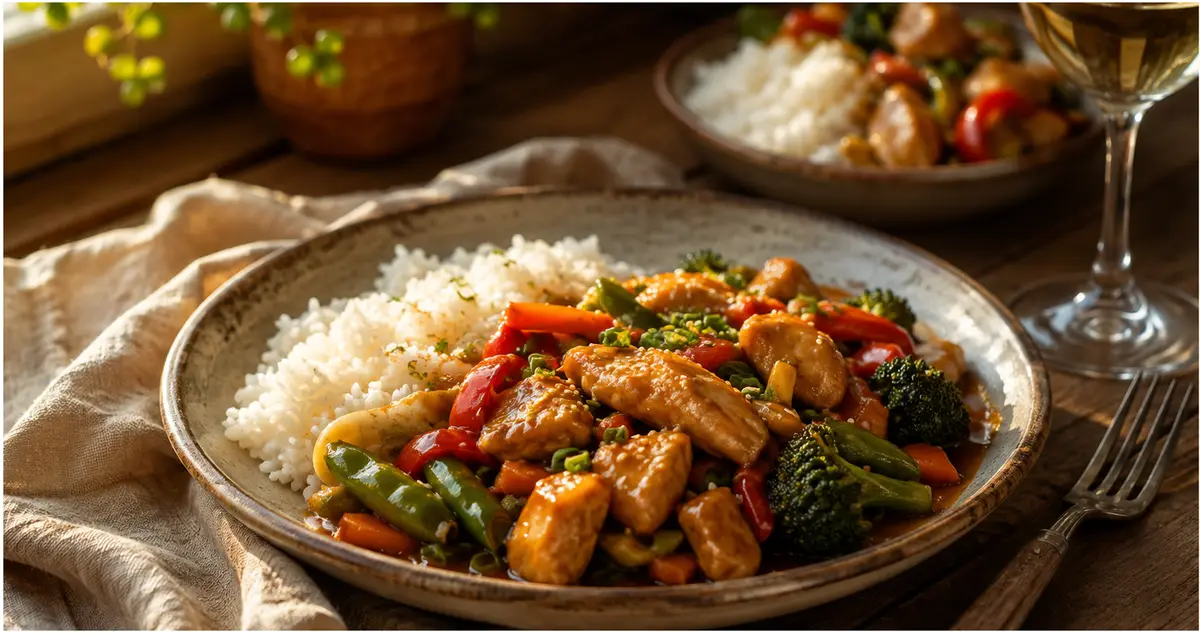 Κοντινή λήψη μερίδας κοτόπουλο stir fry με τραγανά λαχανικά και σάλτσα σόγιας
