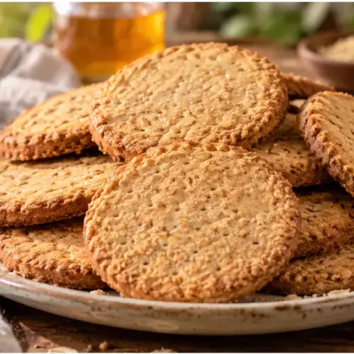 μπισκότα digestive σπιτικά, τραγανά και χρυσαφένια, σερβιρισμένα σε κομψό πιάτο