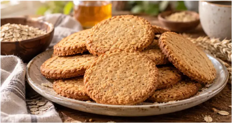 μπισκότα digestive σπιτικά, τραγανά και χρυσαφένια, σερβιρισμένα σε κομψό πιάτο