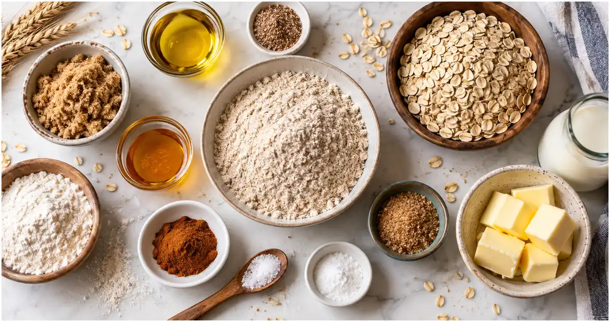 Υλικά για μπισκότα digestive: αλεύρι ολικής, βρώμη, βούτυρο, ζάχαρη και γάλα σε επίπεδη σύνθεση