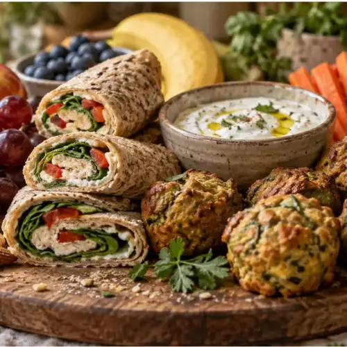 υγιεινά σνακ για το σχολείο σε πολύχρωμο lunchbox με φρούτα, ξηρούς καρπούς και σπιτικές μπάρες