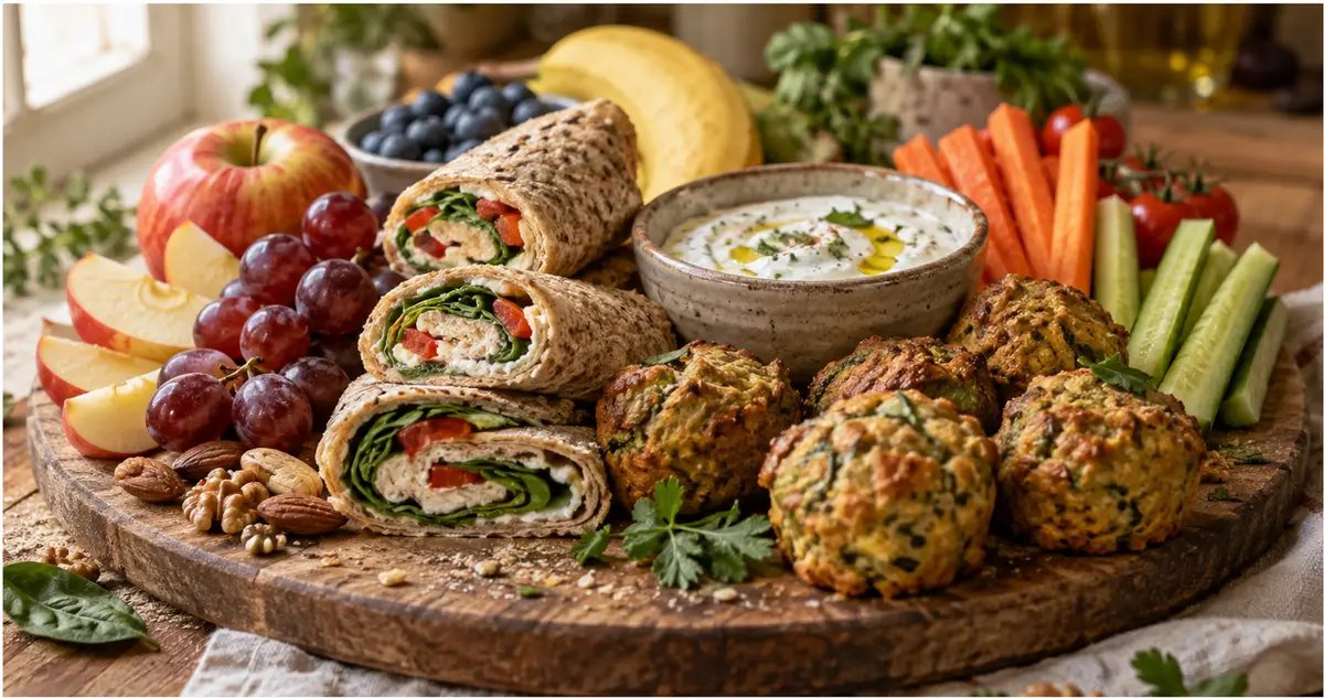 υγιεινά σνακ για το σχολείο σε πολύχρωμο lunchbox με φρούτα, ξηρούς καρπούς και σπιτικές μπάρες