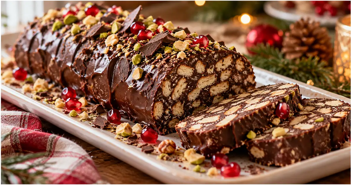 κορμός σοκολάτας εύκολος, γιορτινό σοκολατένιο γλυκό σε φέτες, διακοσμημένο με άχνη ζάχαρη