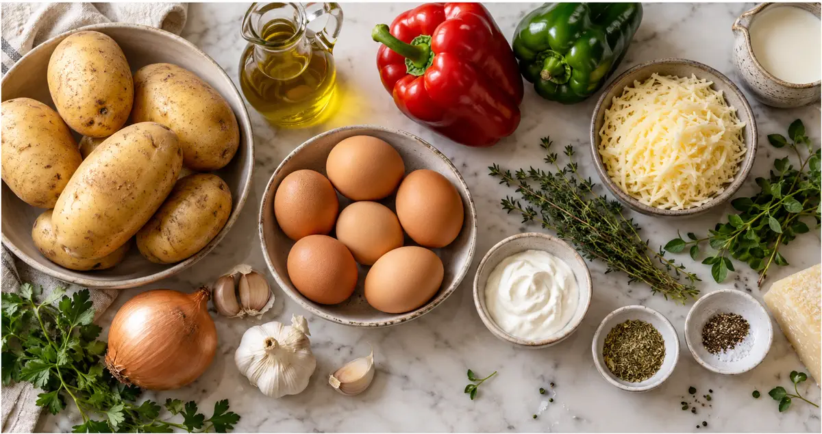 Πατάτες, αυγά, κρεμμύδι, ελαιόλαδο, αλάτι και πιπέρι για ομελέτα φούρνου
