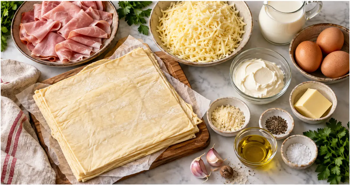 Υλικά για ζαμπονοκασερόπιτα με σφολιάτα, ζαμπόν, τυριά, αυγά και βούτυρο σε επίπεδη διάταξη