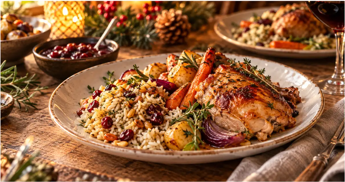 Κοντινό πλάνο μερίδας γιορτινού ψητού, σάλτσα και λαχταριστά συνοδευτικά στο πιάτο