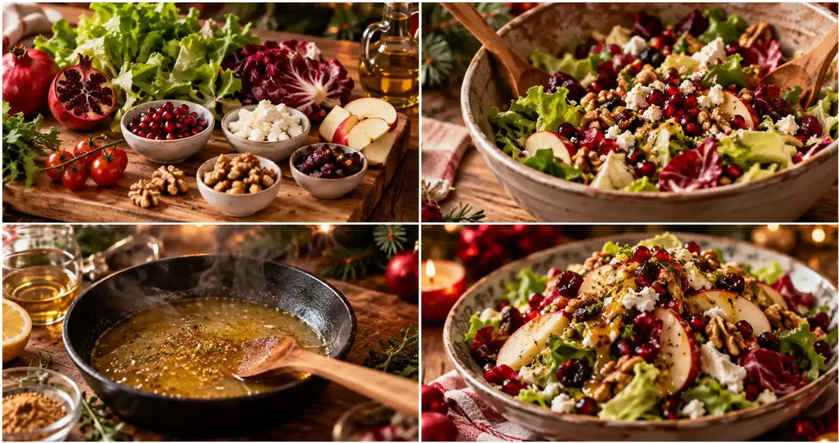 Ανάμειξη λαχανικών, ροδιού, καρυδιών και dressing σε μεγάλο μπολ για γιορτινές σαλάτες